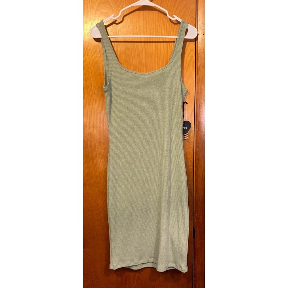 Popular Basics Sage Green Shimmer Ribbed Scoop Neck Midi Summer Tank Dress Large